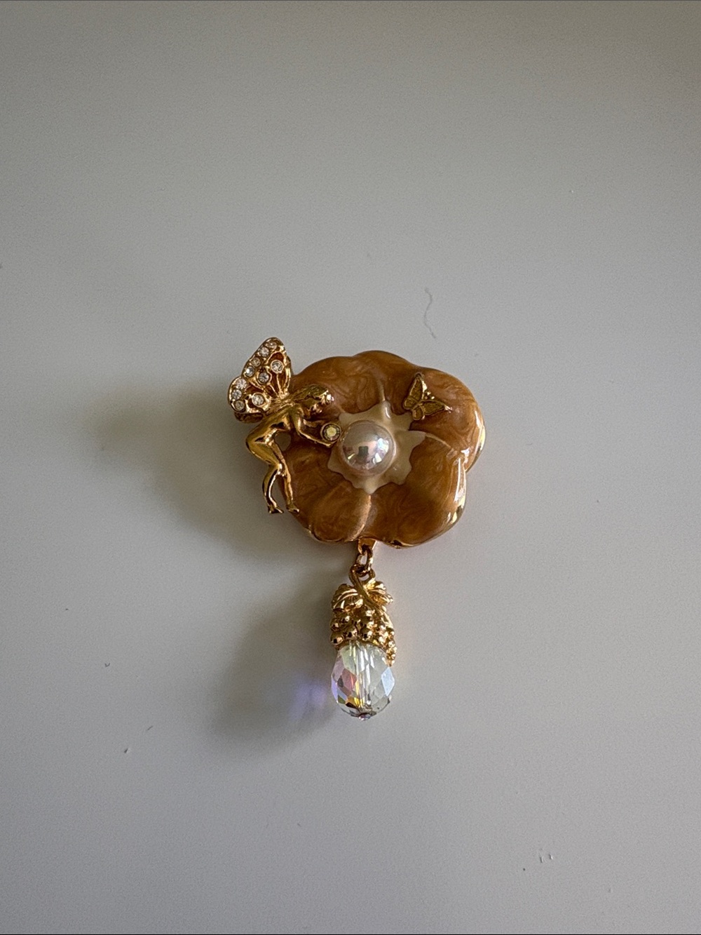 Kirk’s Folly Brooch Fairy Pansy Flower Gold W/Pink Enamel Pearl Crystal Dangle